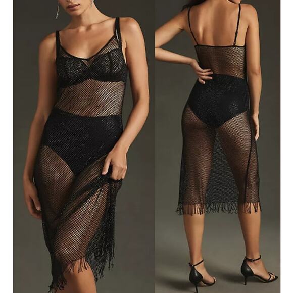 Anthropologie Sleeveless Mesh Fishnet Fringe Hem Midi Beaded Dress Black Small - Picture 1 of 9